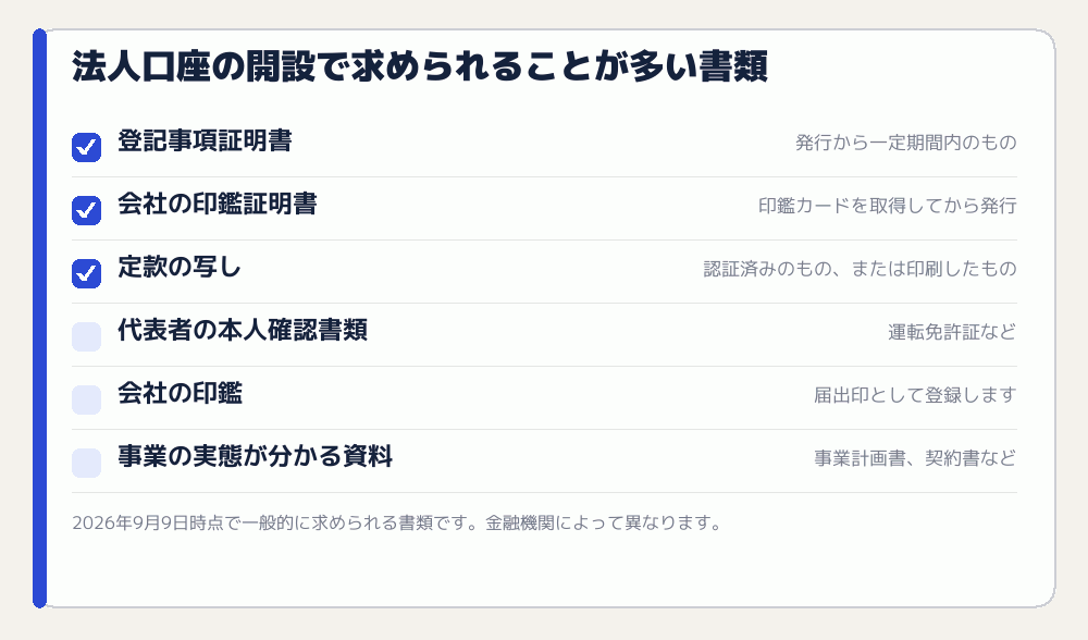 法人口座の開設で求められることが多い書類