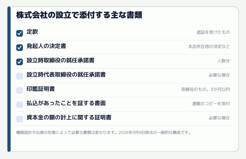 株式会社の設立で添付する主な書類